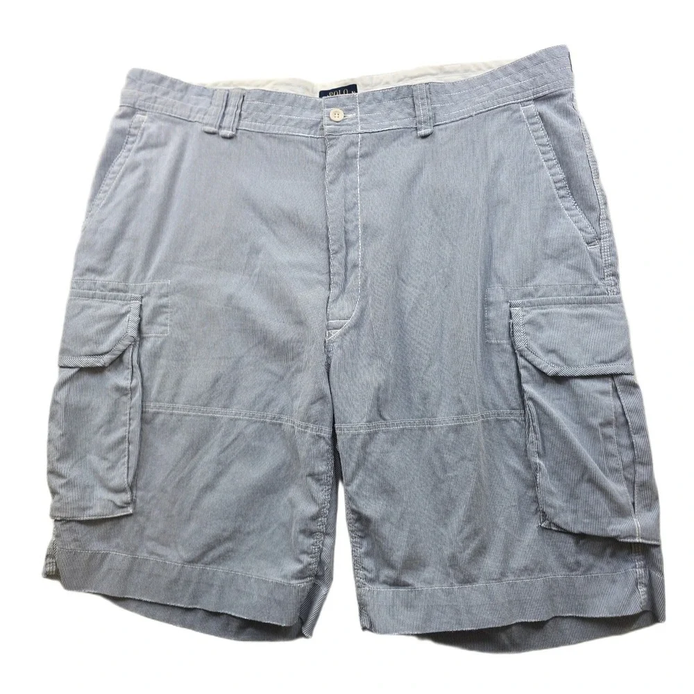 Polo Ralph Lauren‎ Striped Cargo Shorts Mens 44B Blue White Cotton Seersucker